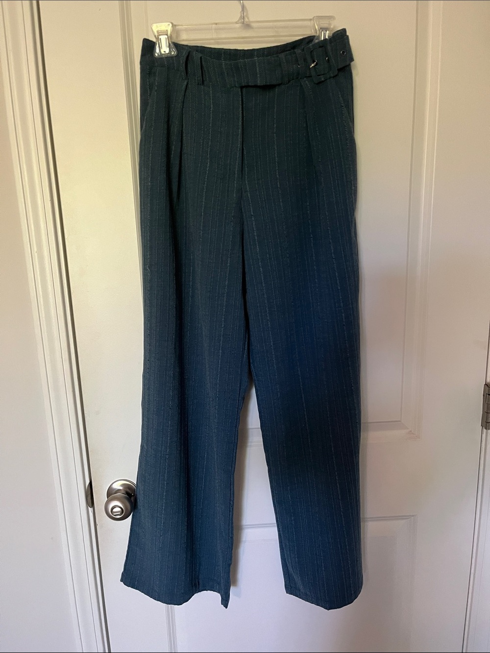 Ally Rose High-Waist Teal Pinstripe Dress Pants with Side Buckle NWOT